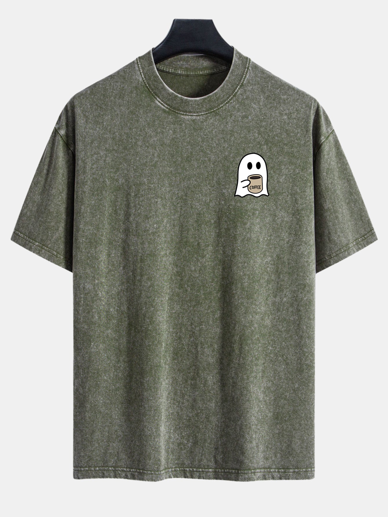 Ghost Drinking Coffee Print Washed Distressed Drop Shoulder T-Shirt