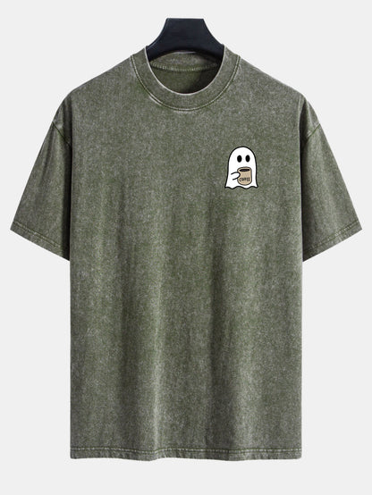 Ghost Drinking Coffee Print Washed Distressed Drop Shoulder T-Shirt