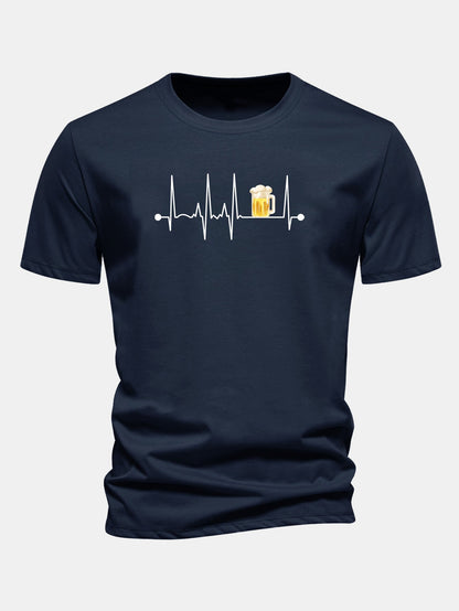 Regular Fit Beer Heartbeat Print Cotton T-Shirt