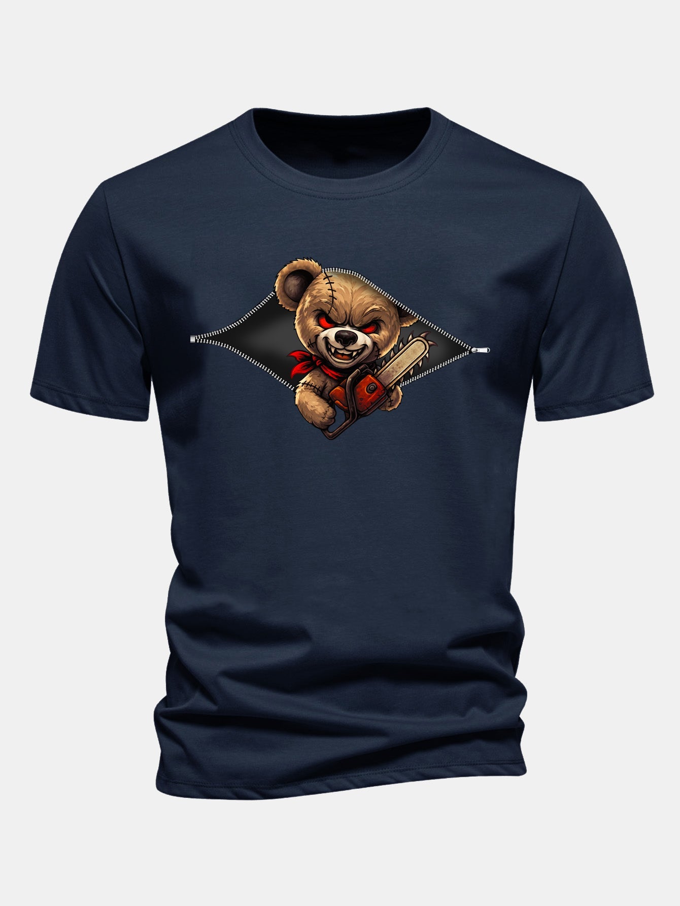 Regular Fit Halloween Zipper Evil Bear Print Cotton T-Shirt