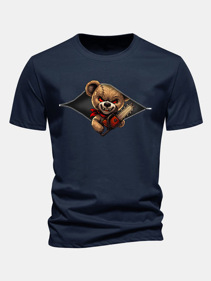 Regular Fit Halloween Zipper Evil Bear Print Cotton T-Shirt