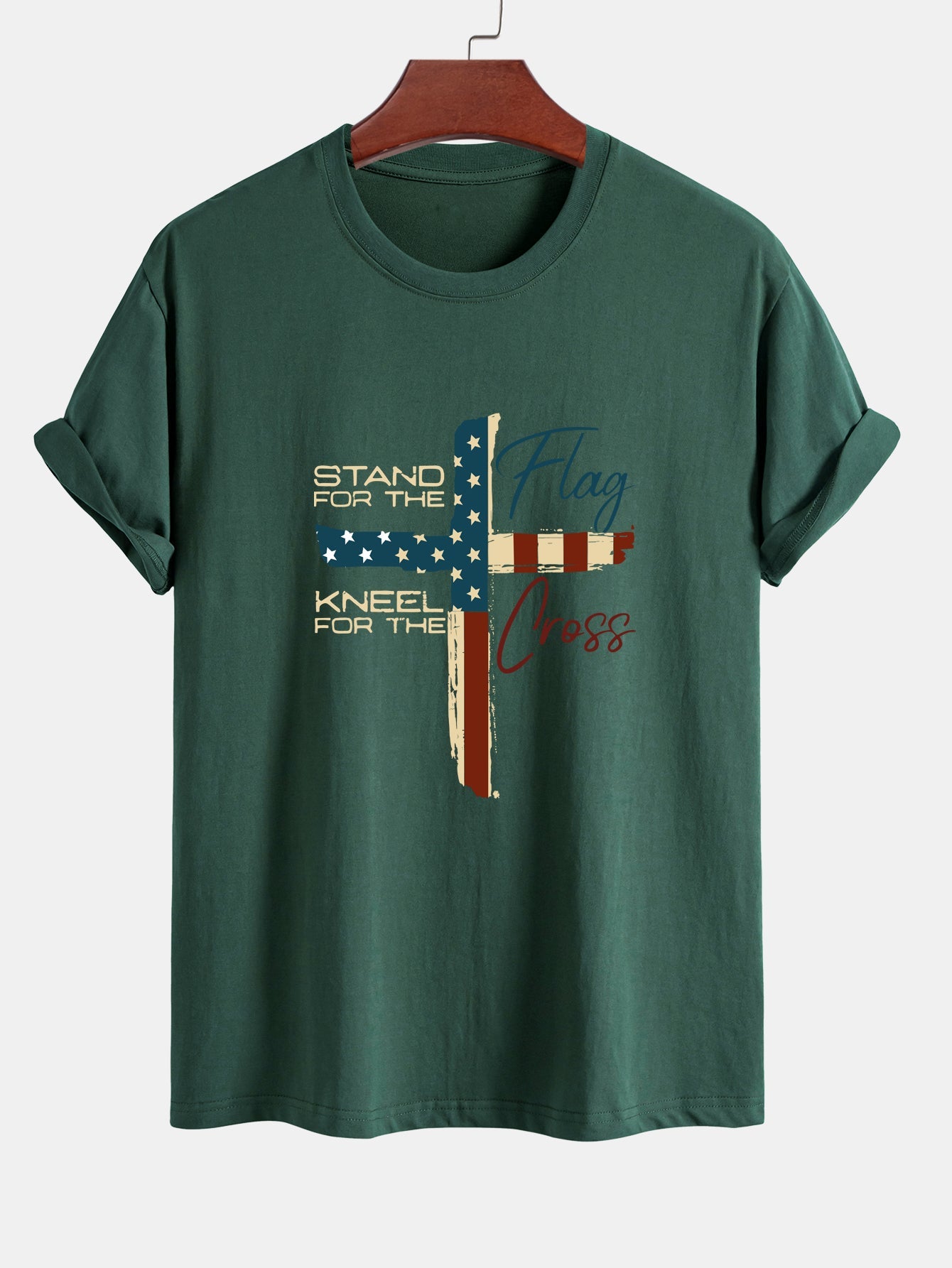 Regular Fit Retro American Flag Cross Print Cotton T-Shirt