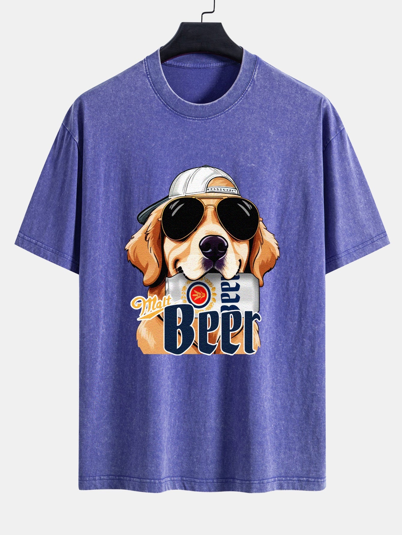 Beer Dog Print Washed Distressed Drop Shoulder T-Shirt