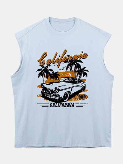 Relax Fit California Car Print Cotton Drop Shoulder Sleeveless T-Shirt