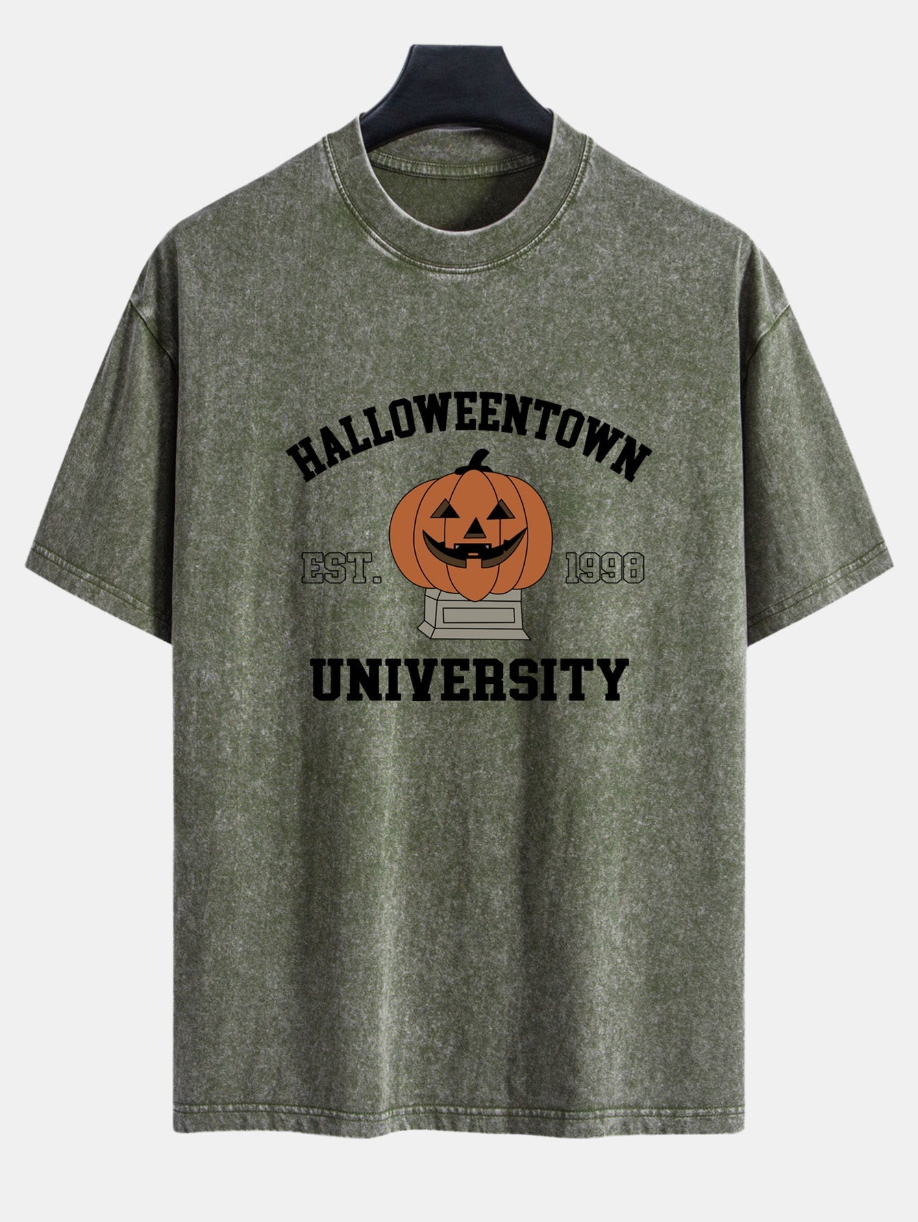 Halloween Pumpkin Town Print Washed Distressed Drop Shoulder T-Shirt