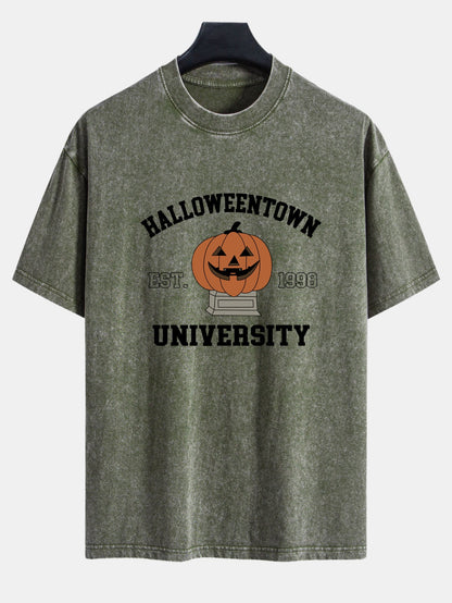 Halloween Pumpkin Town Print Washed Distressed Drop Shoulder T-Shirt