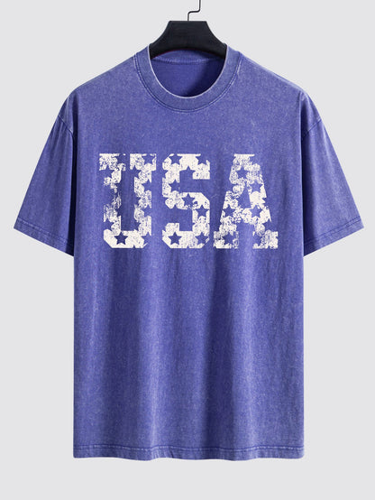 USA Print Washed Distressed Drop Shoulder T-Shirt