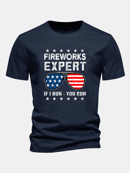 Regular Fit American Flag Sunglasses Print Cotton T-Shirt
