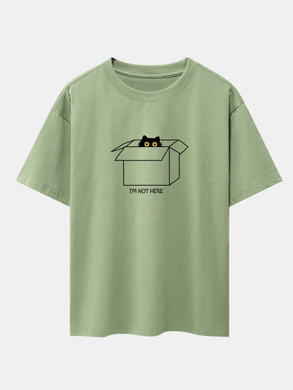 Black Cat Peeking Through Cardboard Print Drop Shoulder Oversize T-Shirt