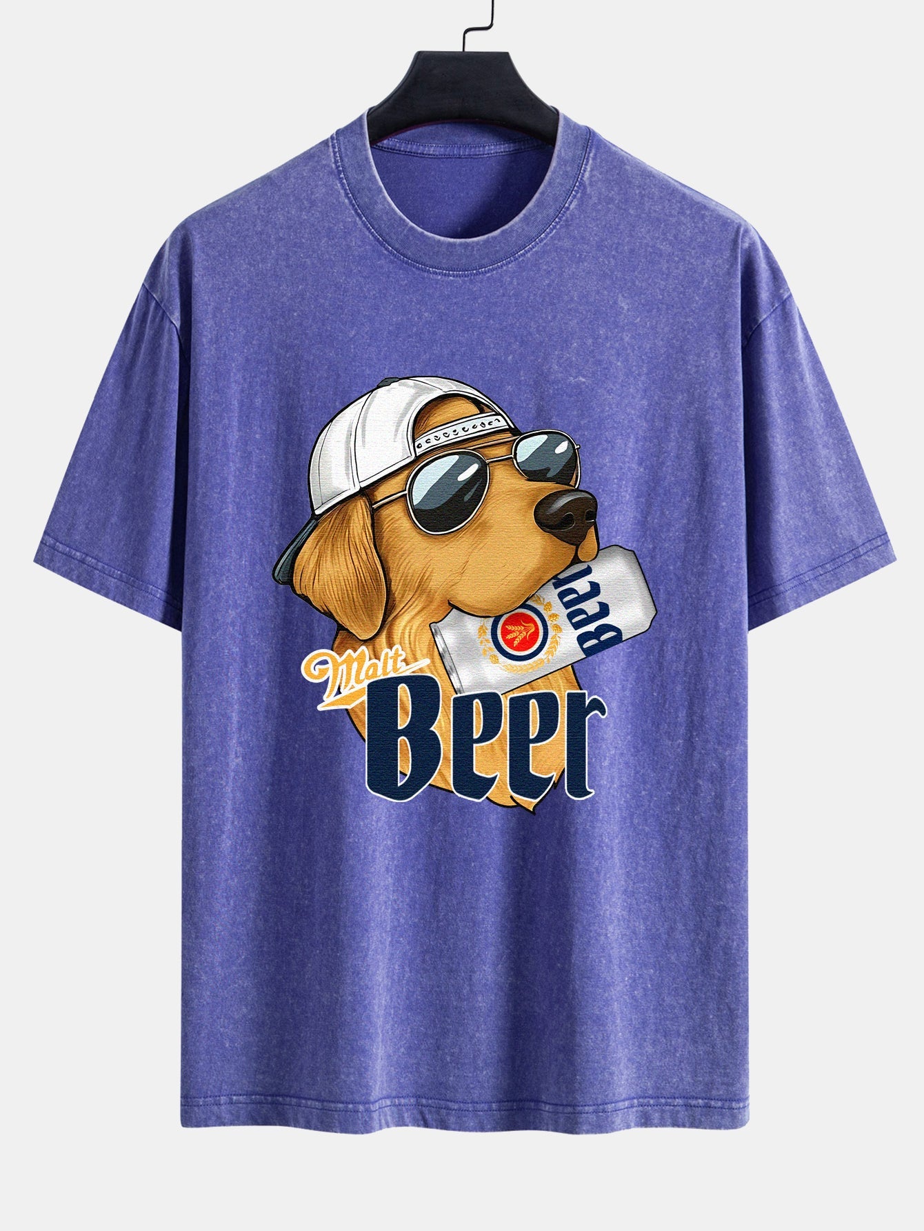 Beer Dog Print Washed Distressed Drop Shoulder T-Shirt