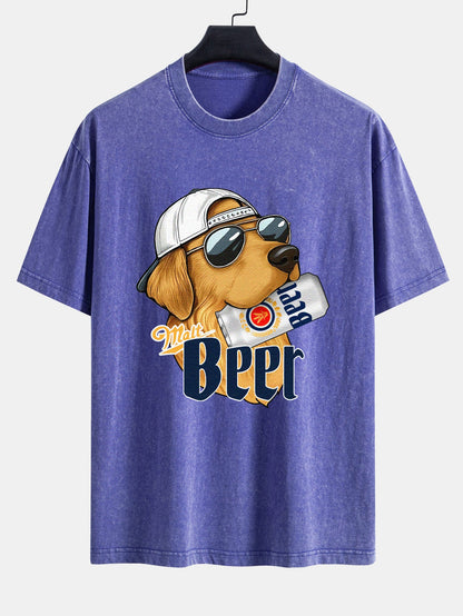 Beer Dog Print Washed Distressed Drop Shoulder T-Shirt