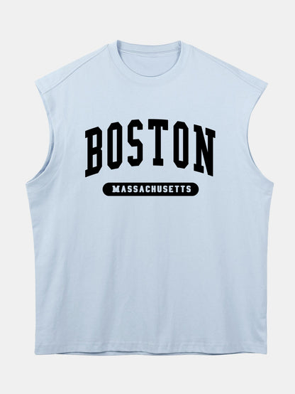Relax Fit Boston Slogan Jacket Print Cotton Drop Shoulder Sleeveless T-Shirt