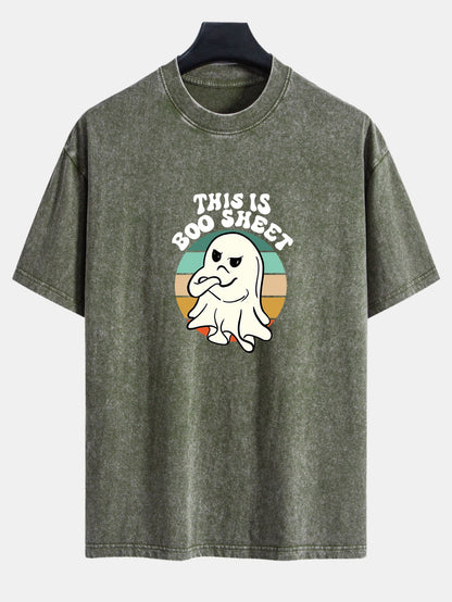 Ghost Slogan Print Washed Distressed Drop Shoulder T-Shirt