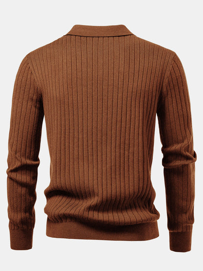 Long Sleeve Ribbed Knit Johnny Collar Polo Shirt