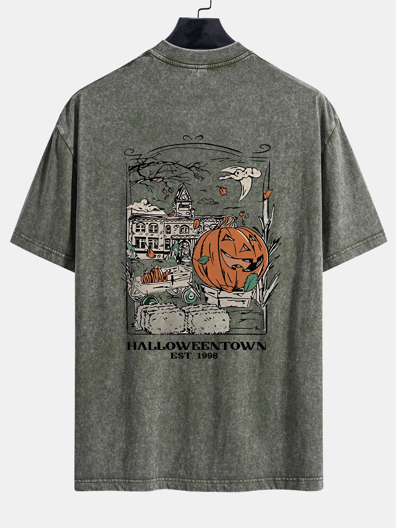 Halloween Pumpkin Town Print Washed Distressed Drop Shoulder T-Shirt