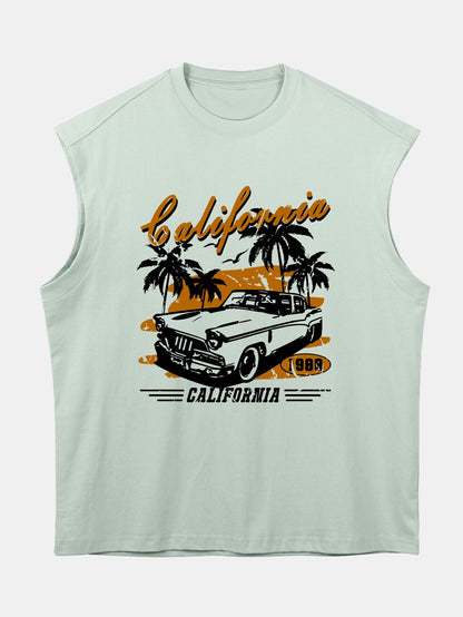Relax Fit California Car Print Cotton Drop Shoulder Sleeveless T-Shirt