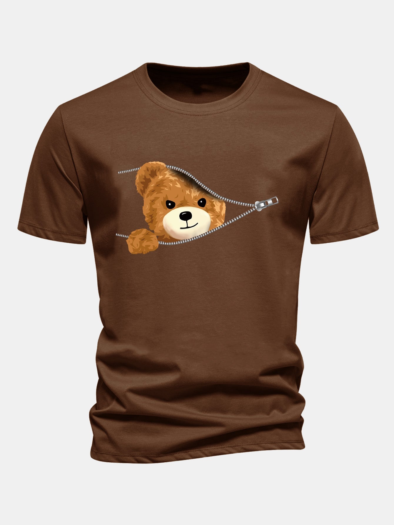 Regular Fit Zipper Bear Print Cotton T-Shirt