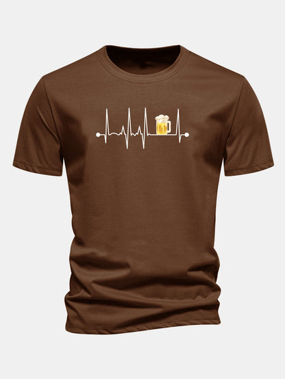 Regular Fit Beer Heartbeat Print Cotton T-Shirt