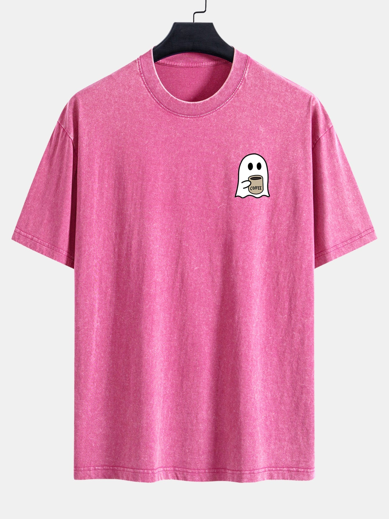 Ghost Drinking Coffee Print Washed Distressed Drop Shoulder T-Shirt