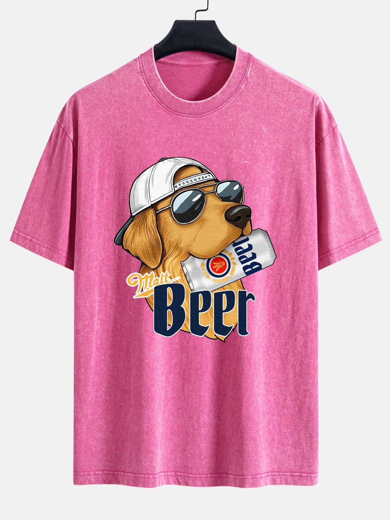 Beer Dog Print Washed Distressed Drop Shoulder T-Shirt