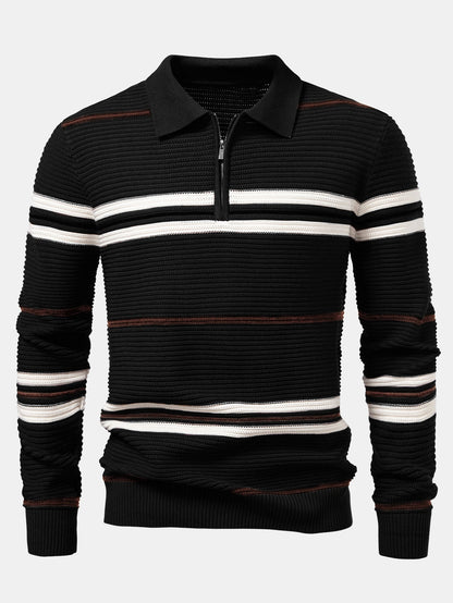 Striped Textured Zip Knit Polo Shirt