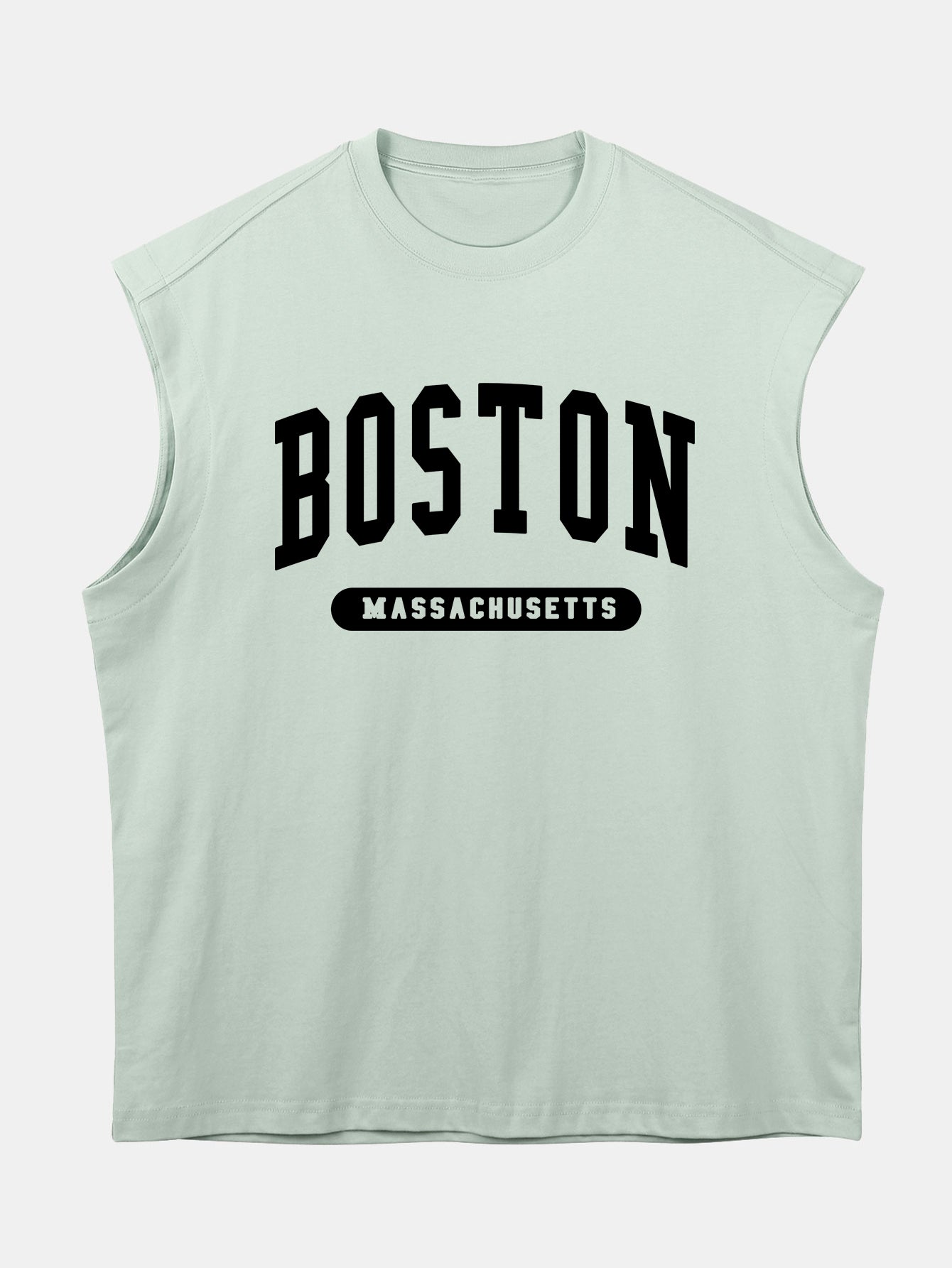Relax Fit Boston Slogan Jacket Print Cotton Drop Shoulder Sleeveless T-Shirt