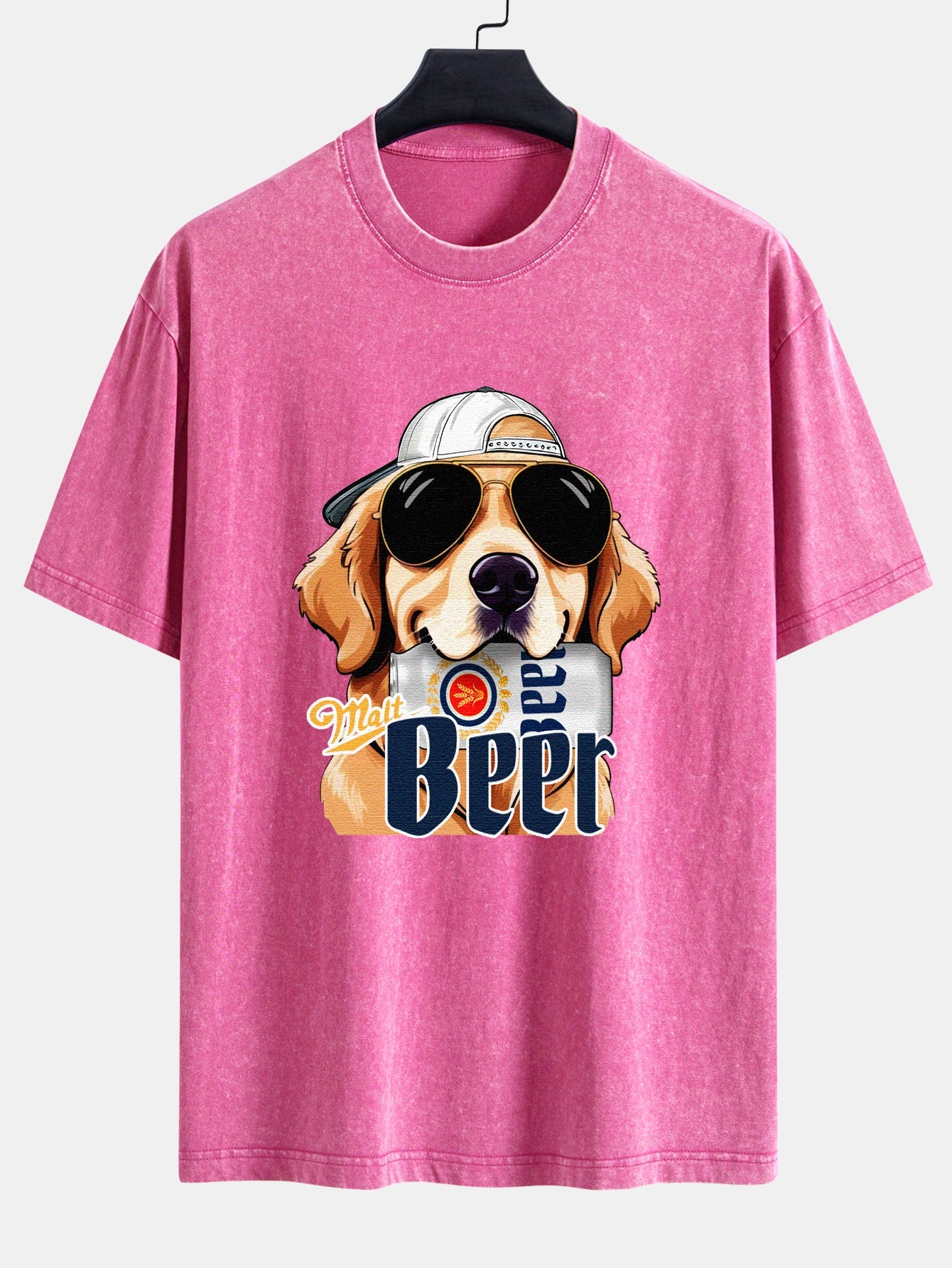 Beer Dog Print Washed Distressed Drop Shoulder T-Shirt
