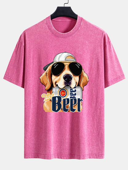 Beer Dog Print Washed Distressed Drop Shoulder T-Shirt