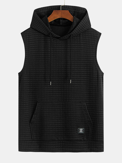 Waffle Sleeveless Hooded T-Shirt With Kangaroo Pocket