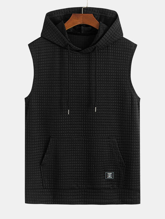 Waffle Sleeveless Hooded T-Shirt With Kangaroo Pocket