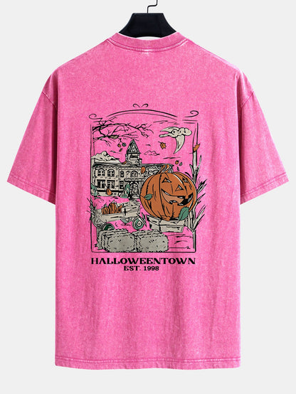 Halloween Pumpkin Town Print Washed Distressed Drop Shoulder T-Shirt
