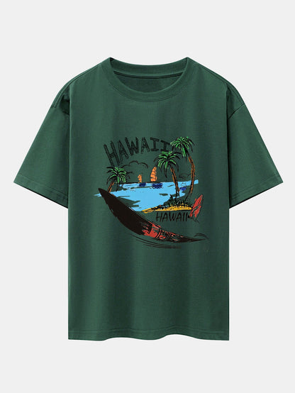 Hawaii Beach Print Drop Shoulder Oversize T-Shirt