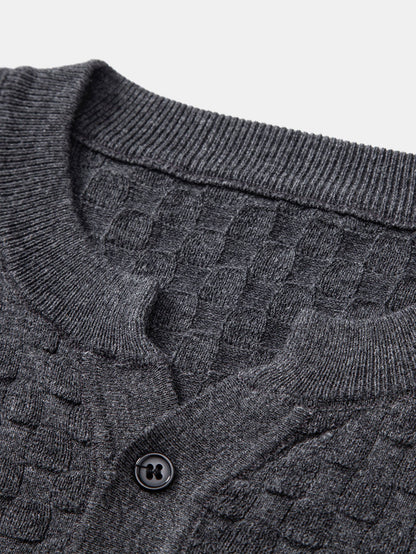 Checkerboard Henley Collar Sweater Knitted T-Shirt