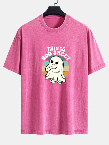 Ghost Slogan Print Washed Distressed Drop Shoulder T-Shirt