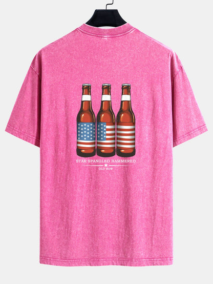 USA Old Row Beer Print Washed Distressed Drop Shoulder T-Shirt