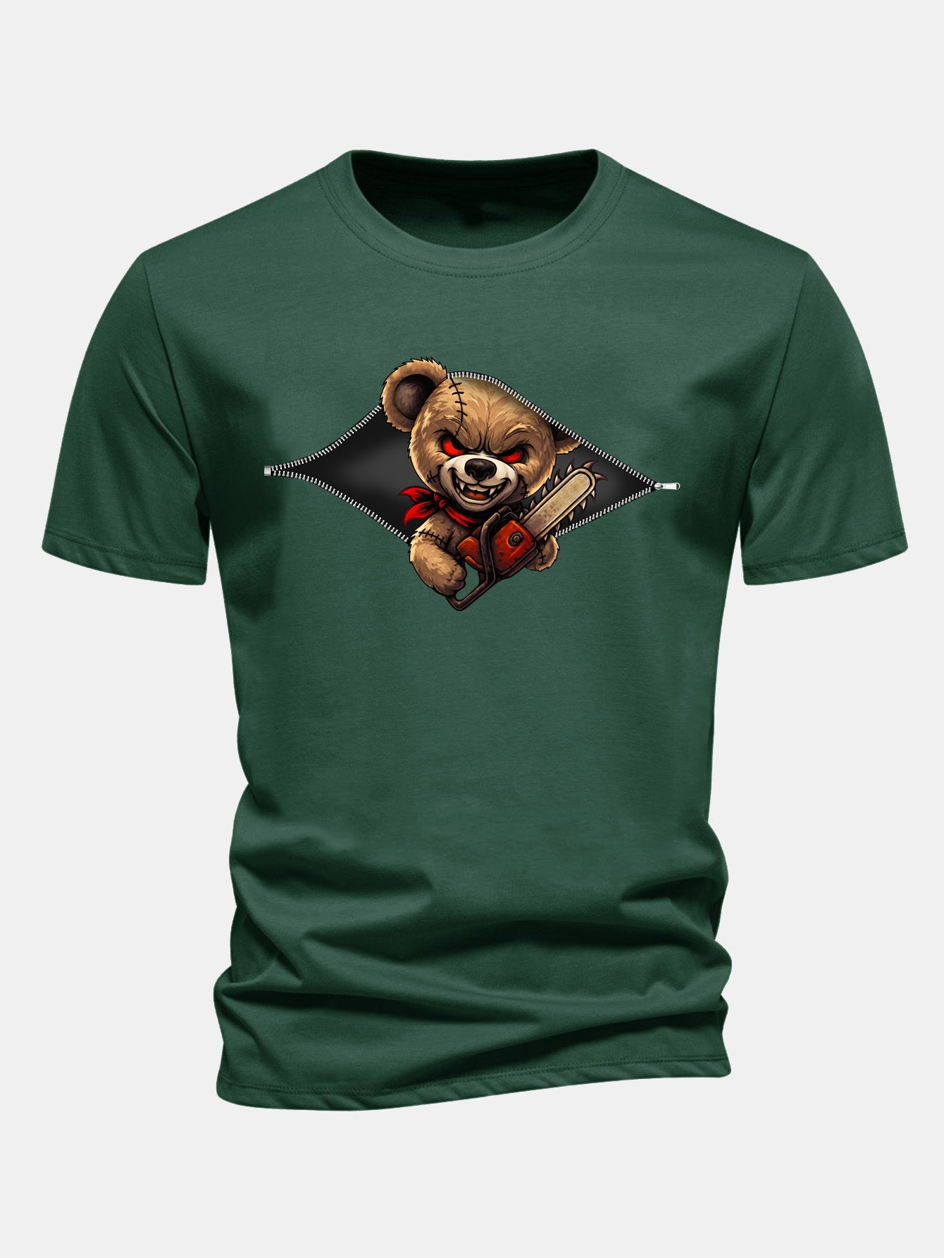 Regular Fit Halloween Zipper Evil Bear Print Cotton T-Shirt