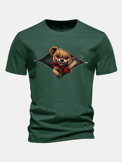 Regular Fit Halloween Zipper Evil Bear Print Cotton T-Shirt