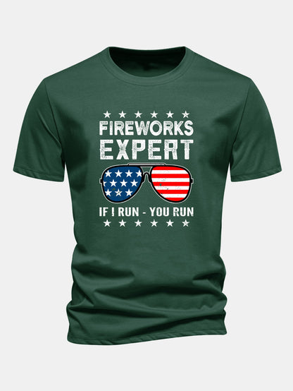 Regular Fit American Flag Sunglasses Print Cotton T-Shirt