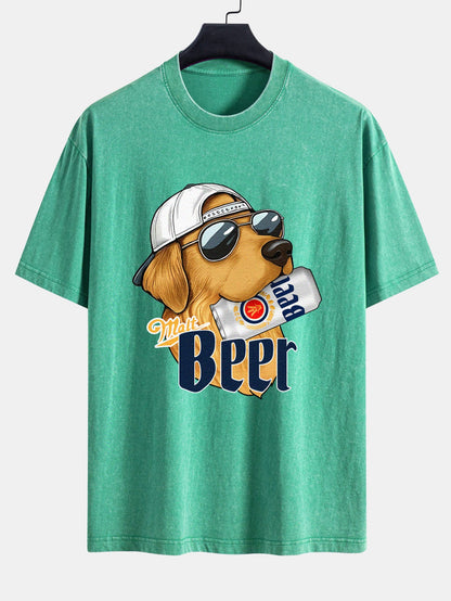 Beer Dog Print Washed Distressed Drop Shoulder T-Shirt