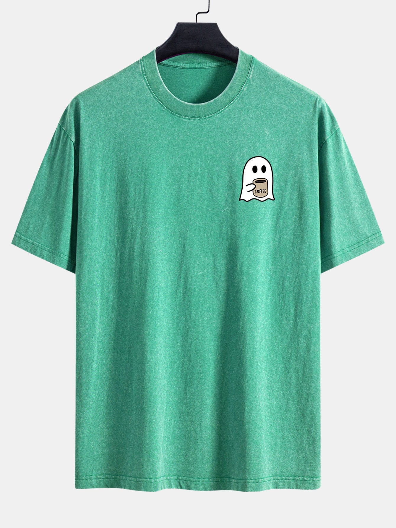 Ghost Drinking Coffee Print Washed Distressed Drop Shoulder T-Shirt
