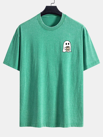 Ghost Drinking Coffee Print Washed Distressed Drop Shoulder T-Shirt