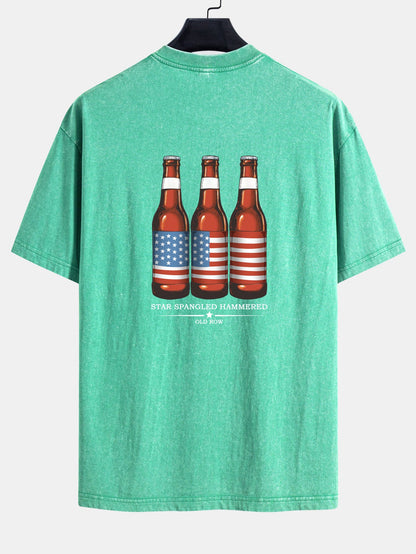 USA Old Row Beer Print Washed Distressed Drop Shoulder T-Shirt