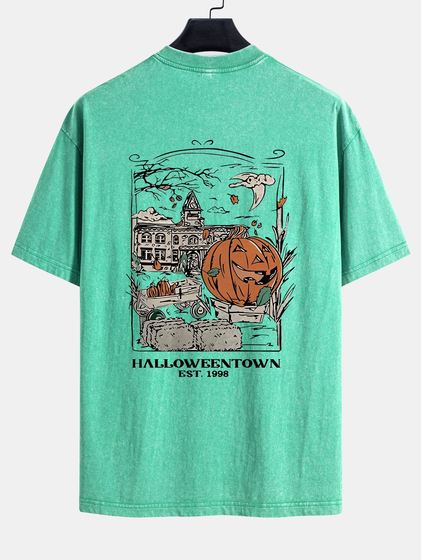 Halloween Pumpkin Town Print Washed Distressed Drop Shoulder T-Shirt