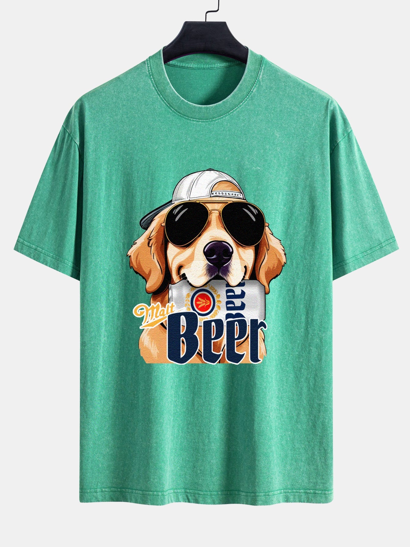 Beer Dog Print Washed Distressed Drop Shoulder T-Shirt