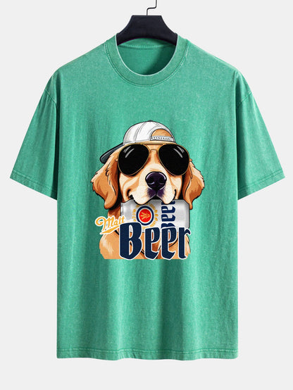 Beer Dog Print Washed Distressed Drop Shoulder T-Shirt