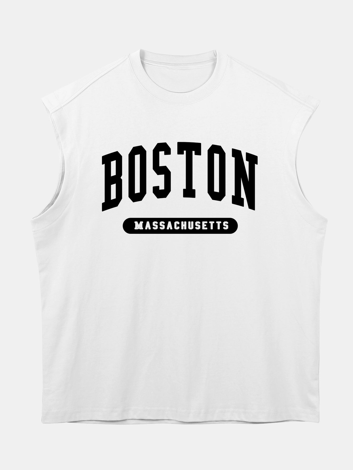 Relax Fit Boston Slogan Jacket Print Cotton Drop Shoulder Sleeveless T-Shirt