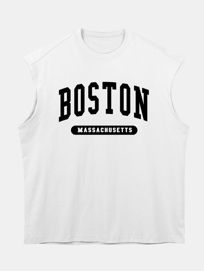 Relax Fit Boston Slogan Jacket Print Cotton Drop Shoulder Sleeveless T-Shirt