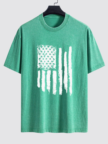 American Flag Print Washed Distressed Drop Shoulder T-Shirt