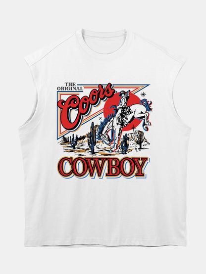 Relax Fit Western Cowboy Print Cotton Drop Shoulder Sleeveless T-Shirt