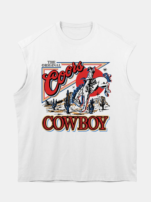 Relax Fit Western Cowboy Print Cotton Drop Shoulder Sleeveless T-Shirt